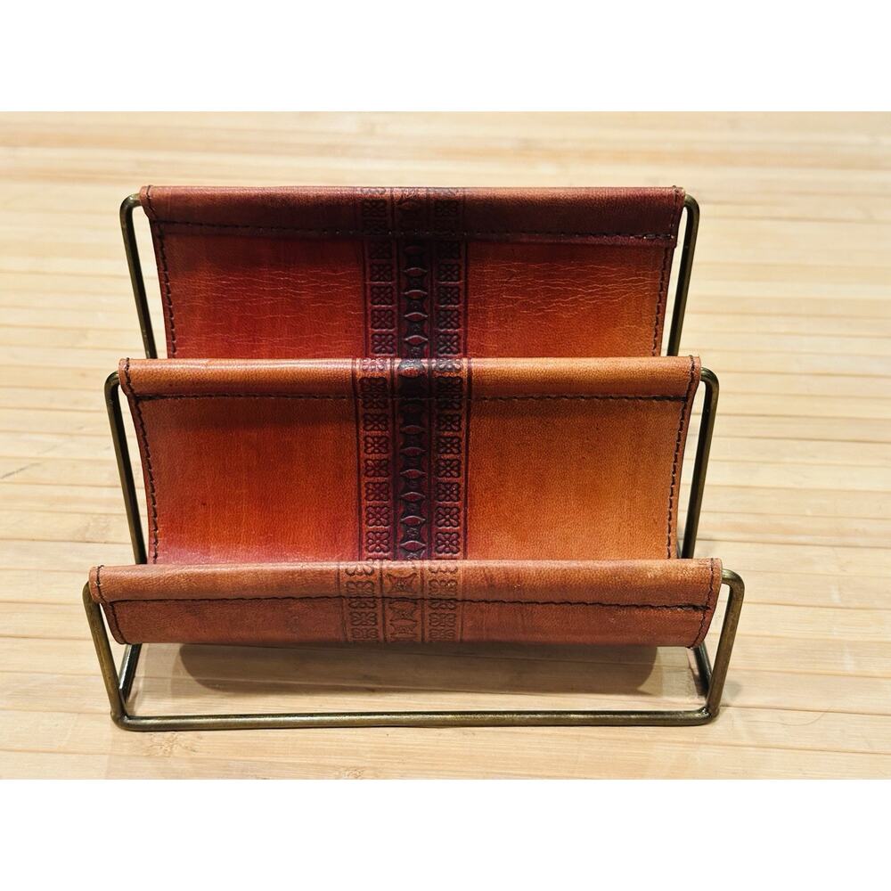 Vintage Style Brown Faux Leather Letter Mail Holder Organizer Gold Tone Metal
